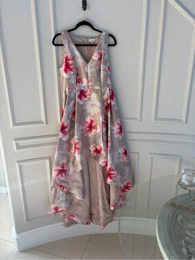 Calvin Klein Pink and Taupe Floral V-Neck Dress